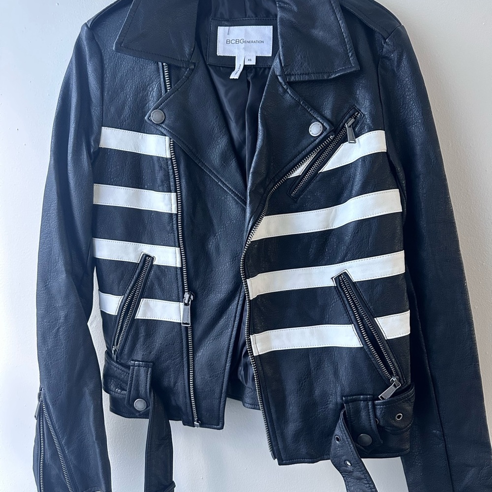 BCBGMAXAZRIA Black and White Faux Leather Motorcycle Jacket